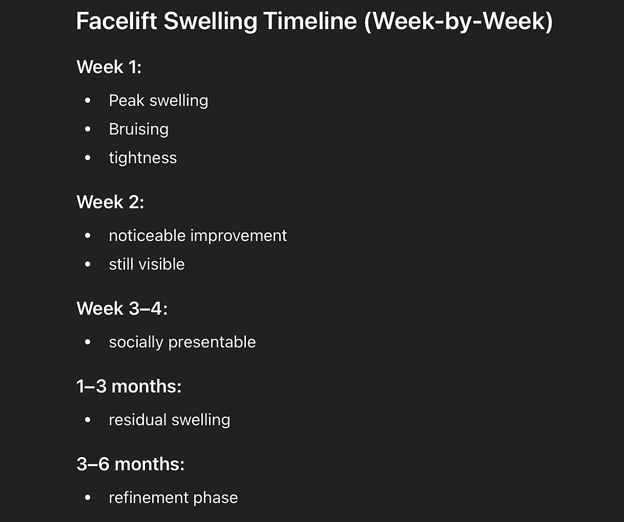 Facelift swelling recovery timeline overview