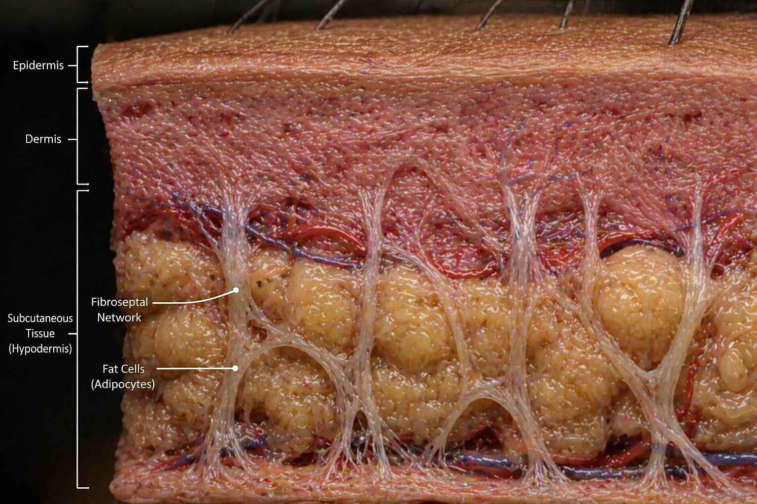 Human skin layers and fat cell structure.