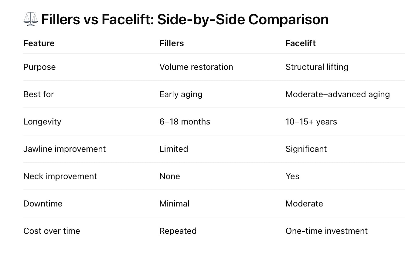 Comparison of fillers and facelifts features and benefits.