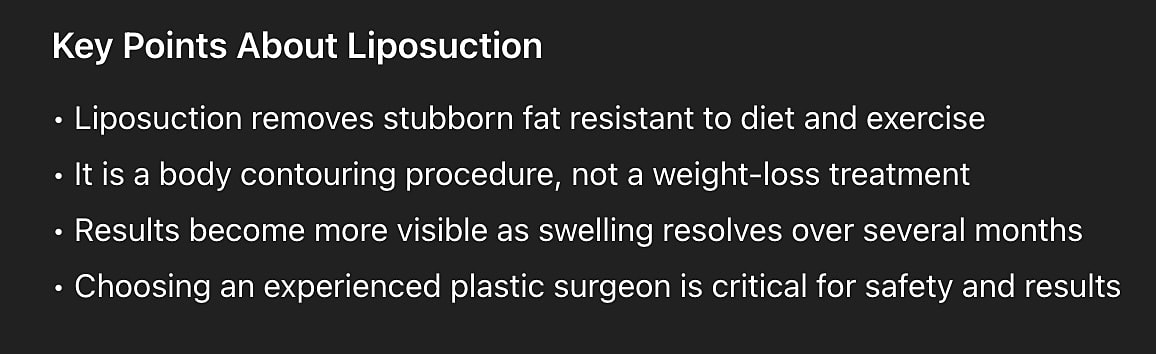 Key points on liposuction benefits and considerations.