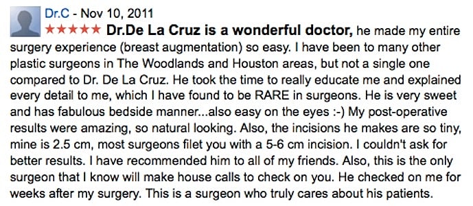 Patient review praising Dr. De La Cruz's surgery.