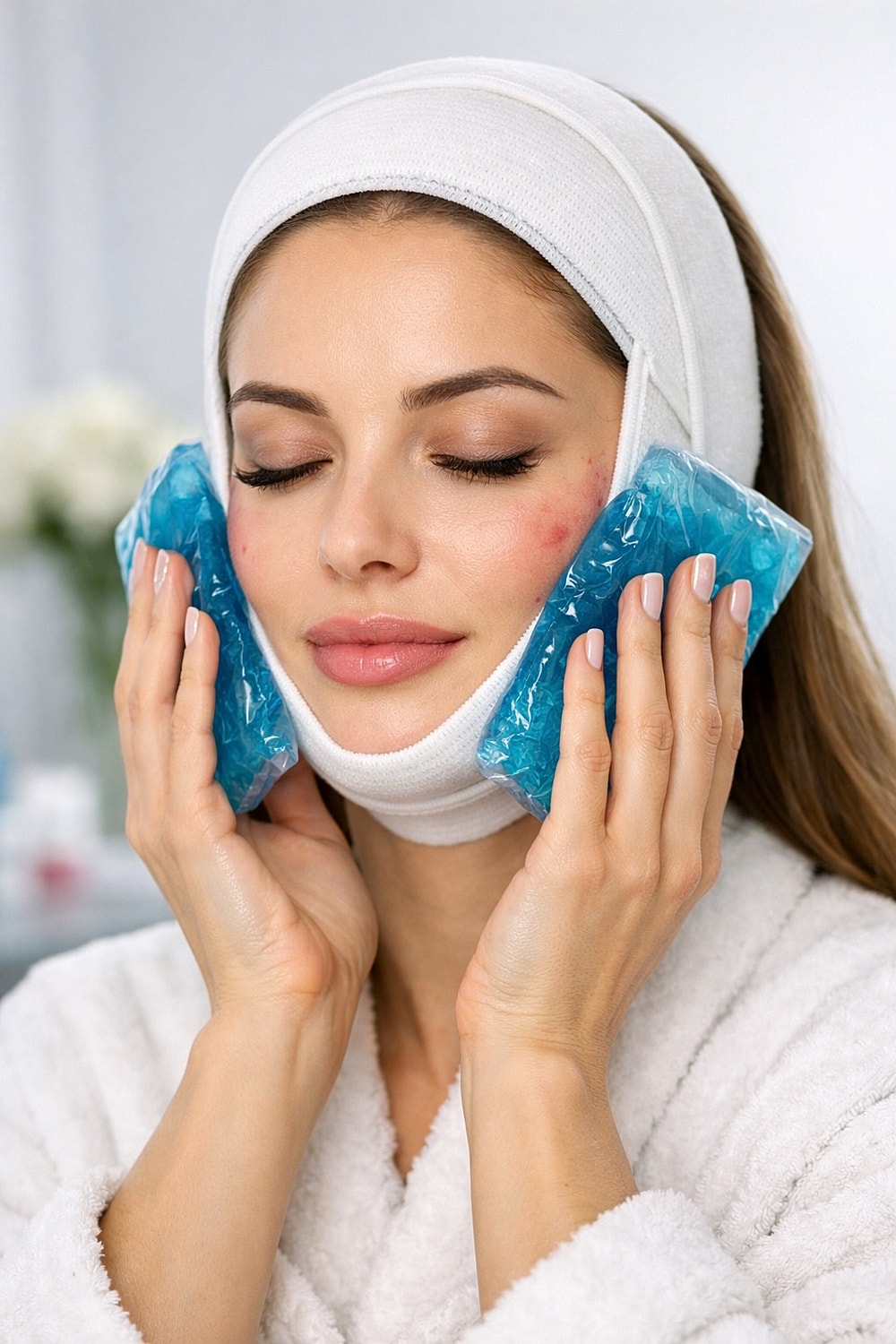 Woman using cold packs for facial treatment.