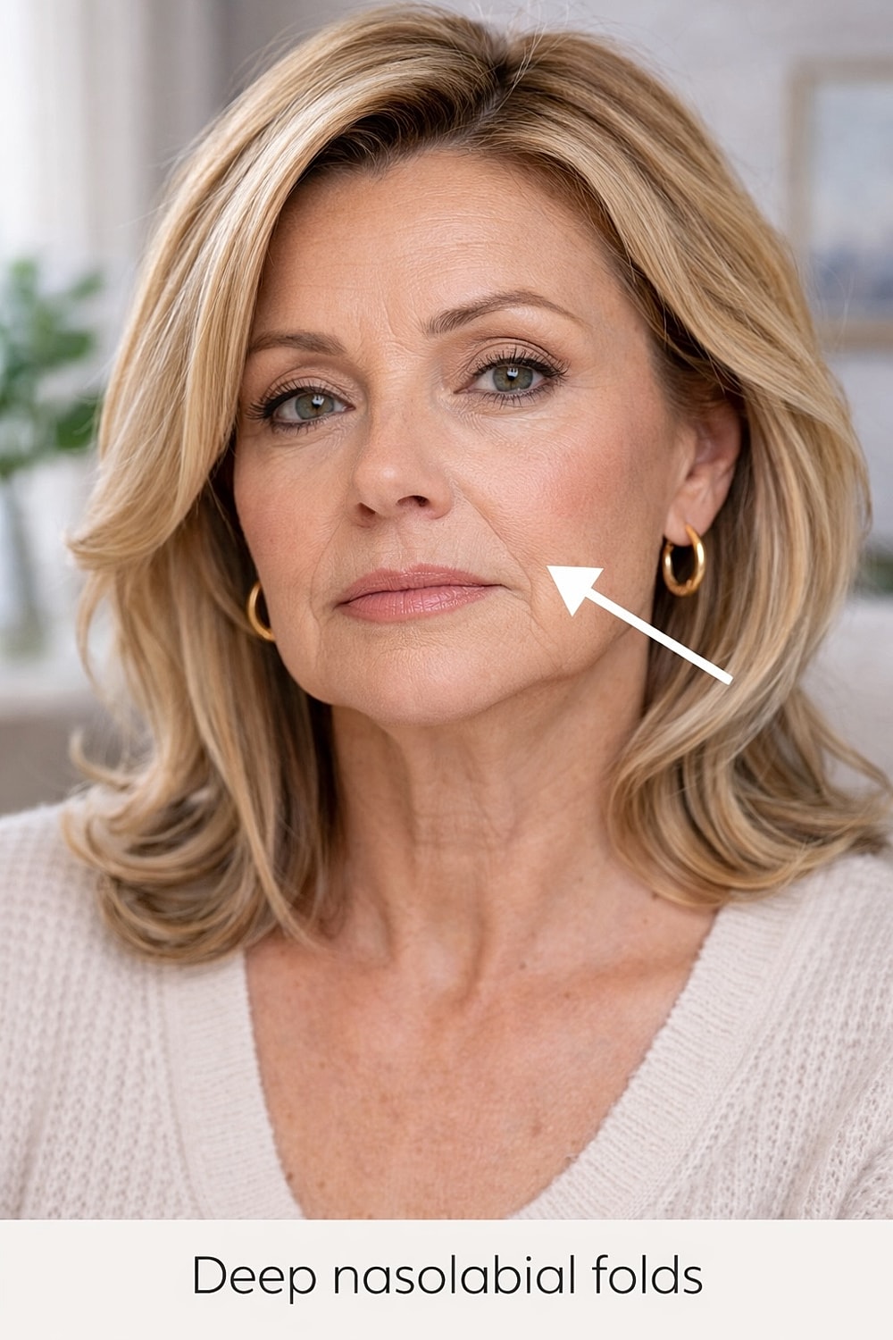 Woman with highlighted deep nasolabial folds.