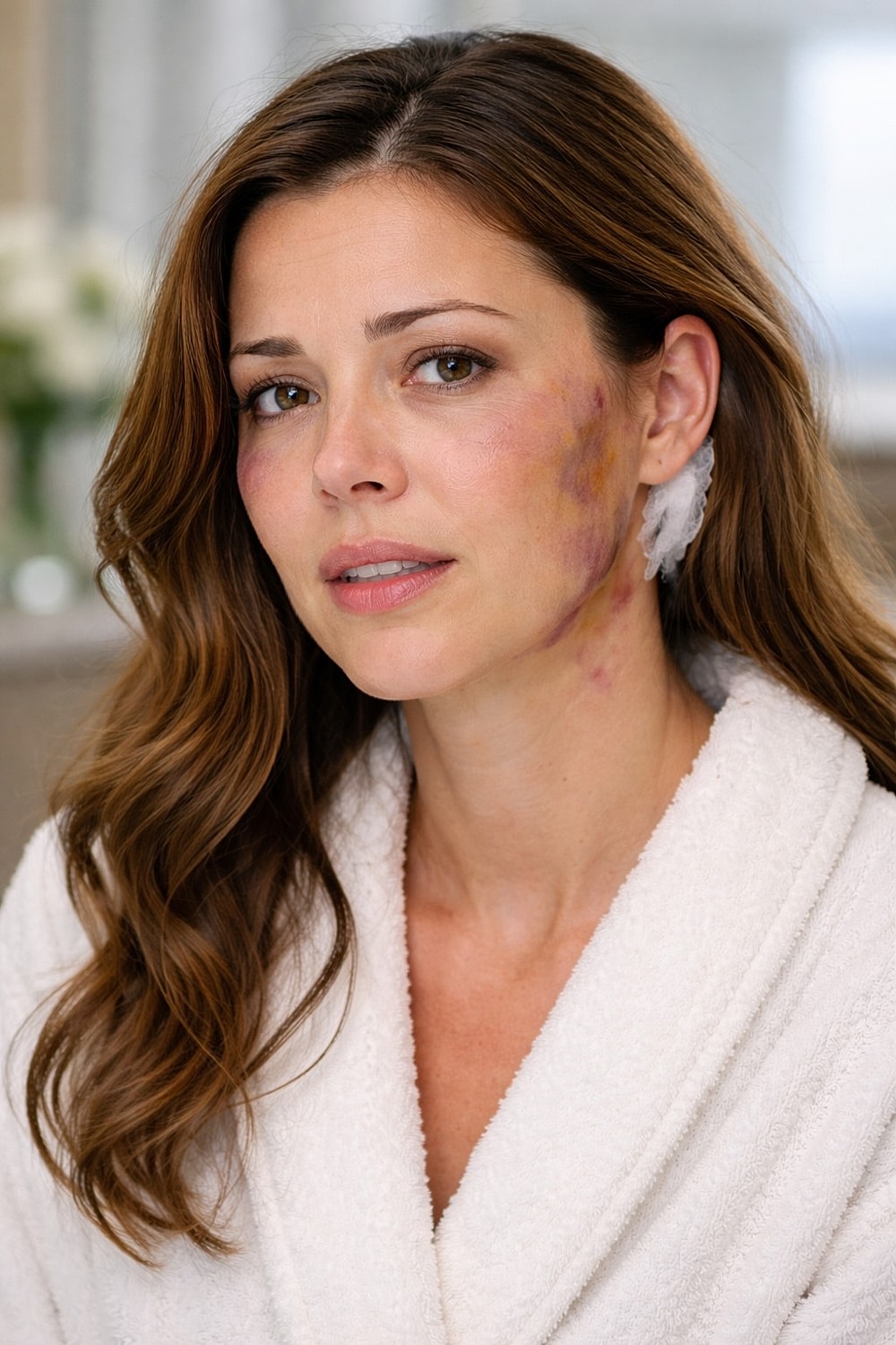 Woman with bruises wearing a bathrobe indoors.