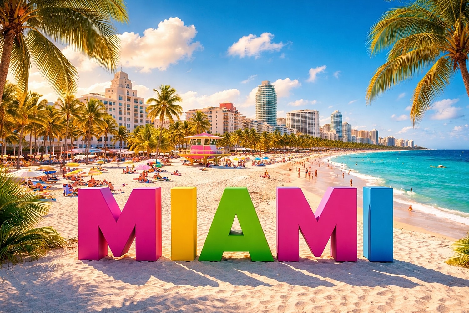 Colorful Miami sign on sunny beach.