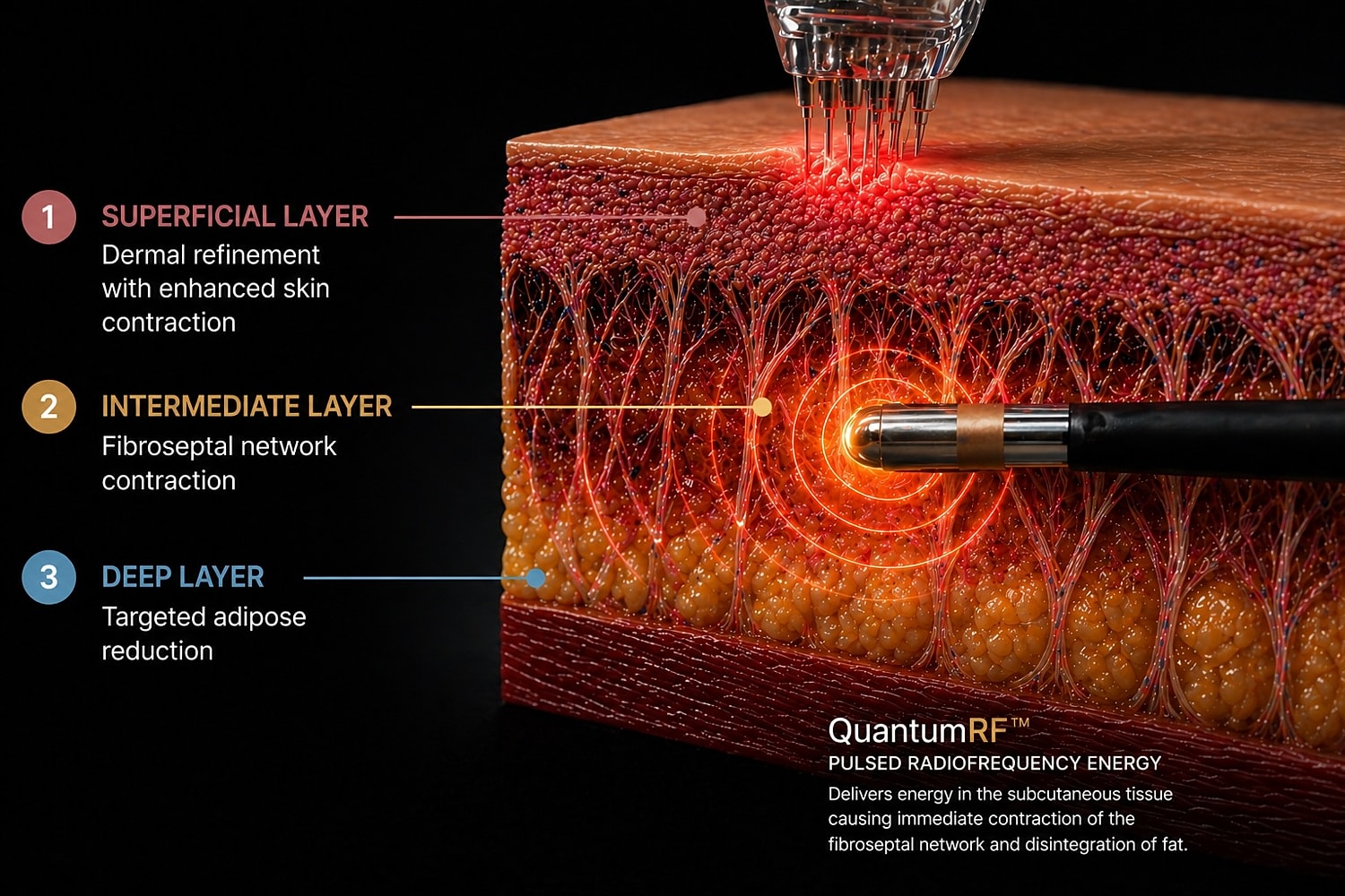 Skin layers and radiofrequency treatment process illustration.