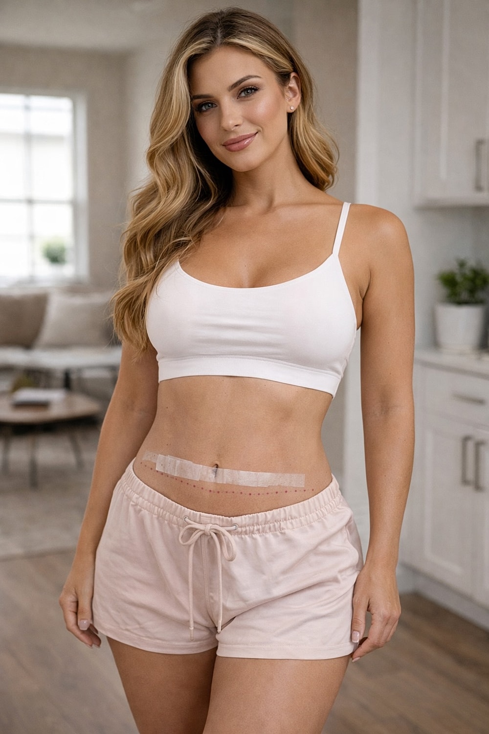 Woman in casual outfit with subtle abdominal bandage.