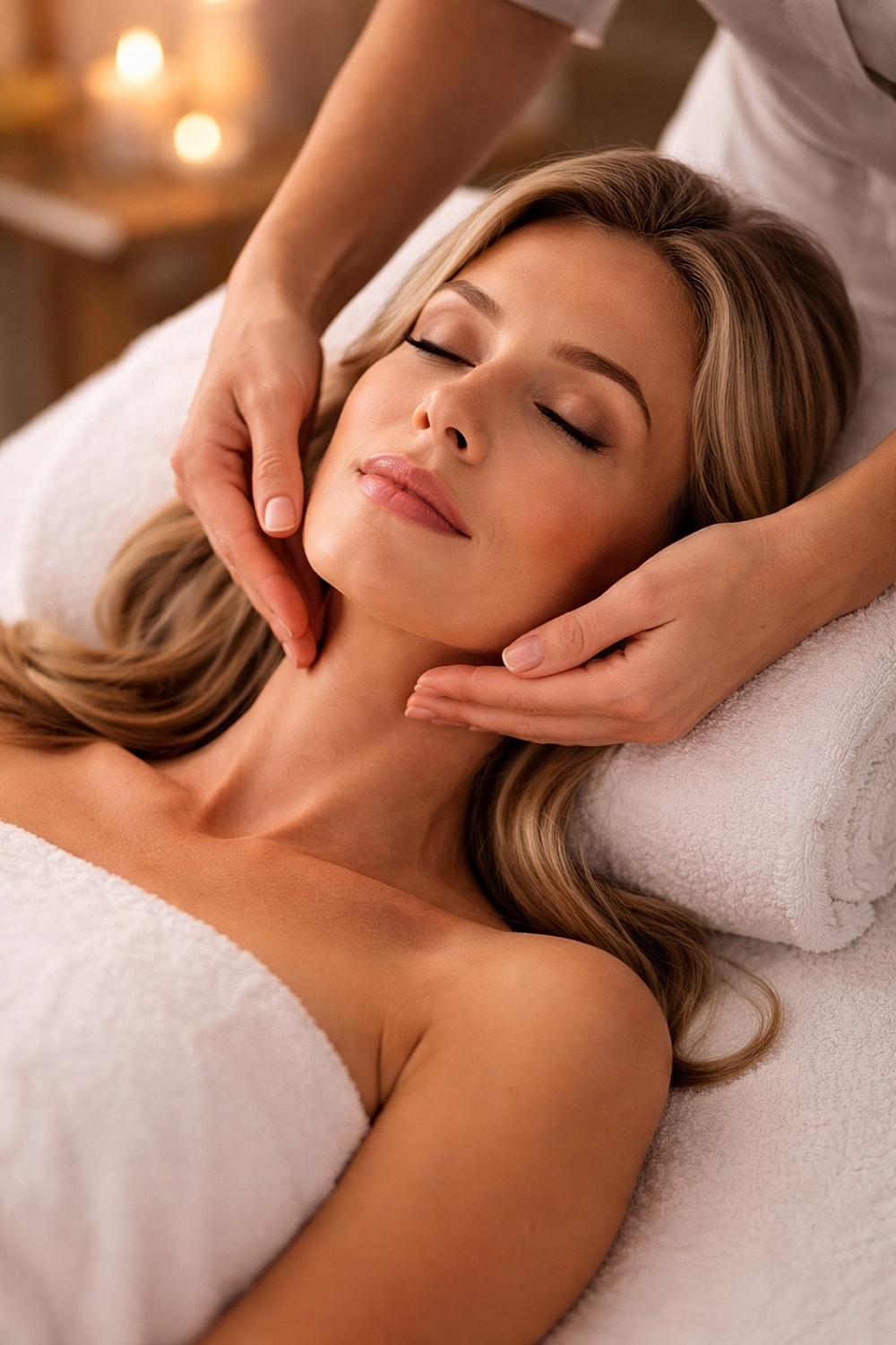 Woman enjoying a relaxing facial massage treatment.