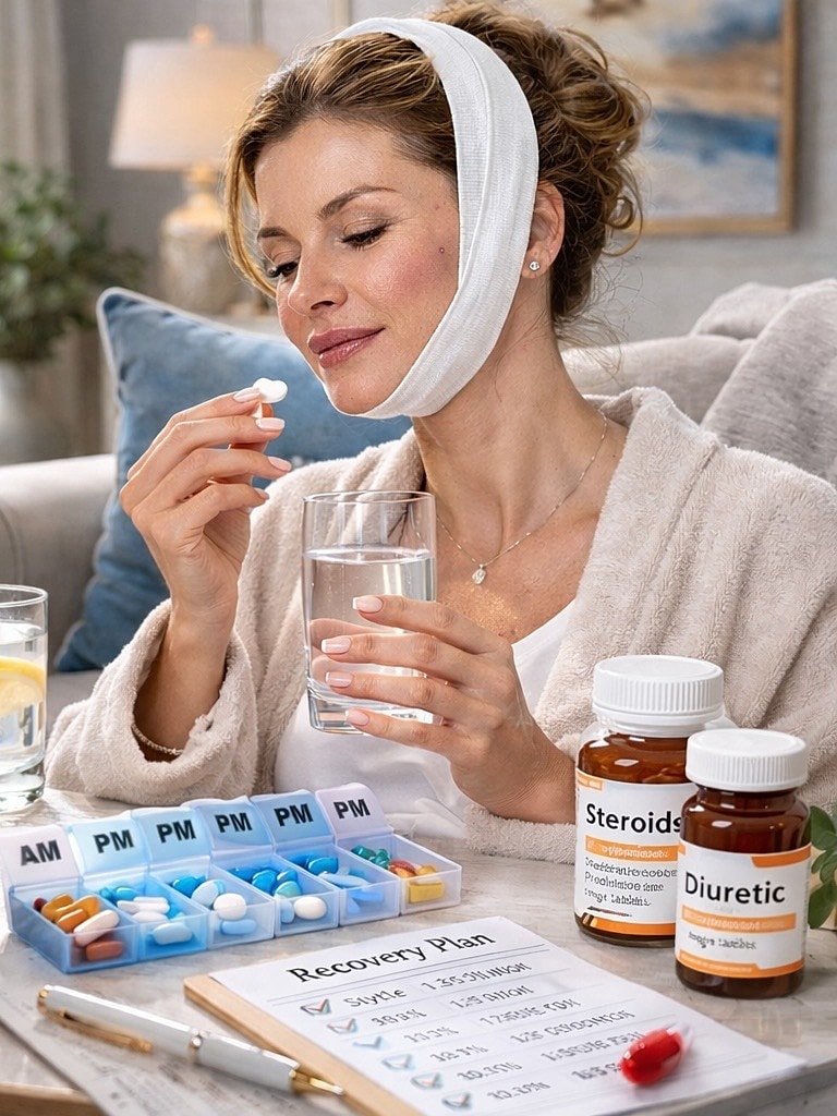 Woman taking medication during recovery process.